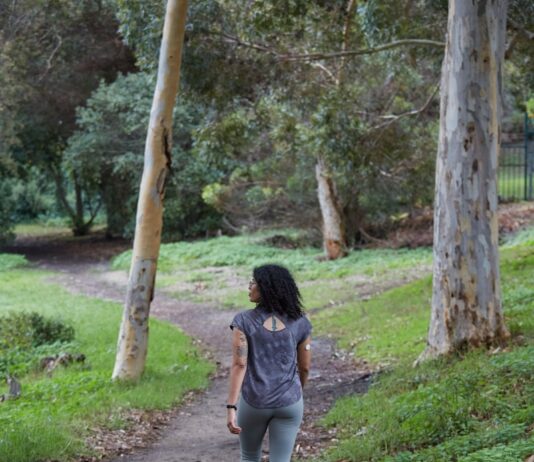 돌봄보다 ‘셀프케어’… 일상 속 건강 지키는 소소한 루틴 인기 a woman is walking down a path in the woods